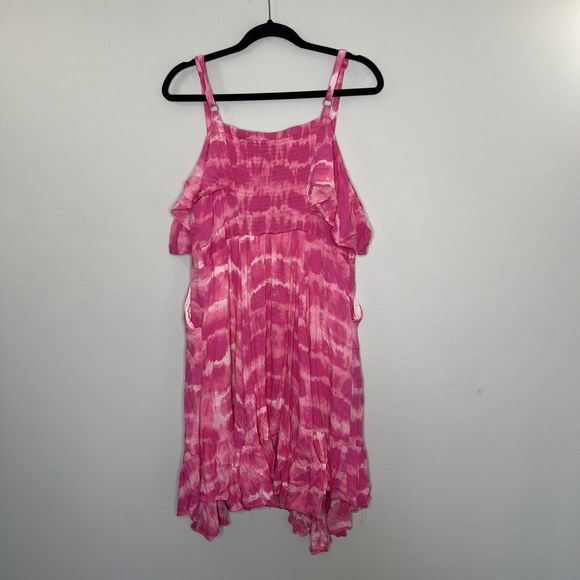 Torrid Dress Women's 1/1X Pink Tie-Dye Mini Gauze Lined Pockets Smock Stretch - Picture 10 of 14